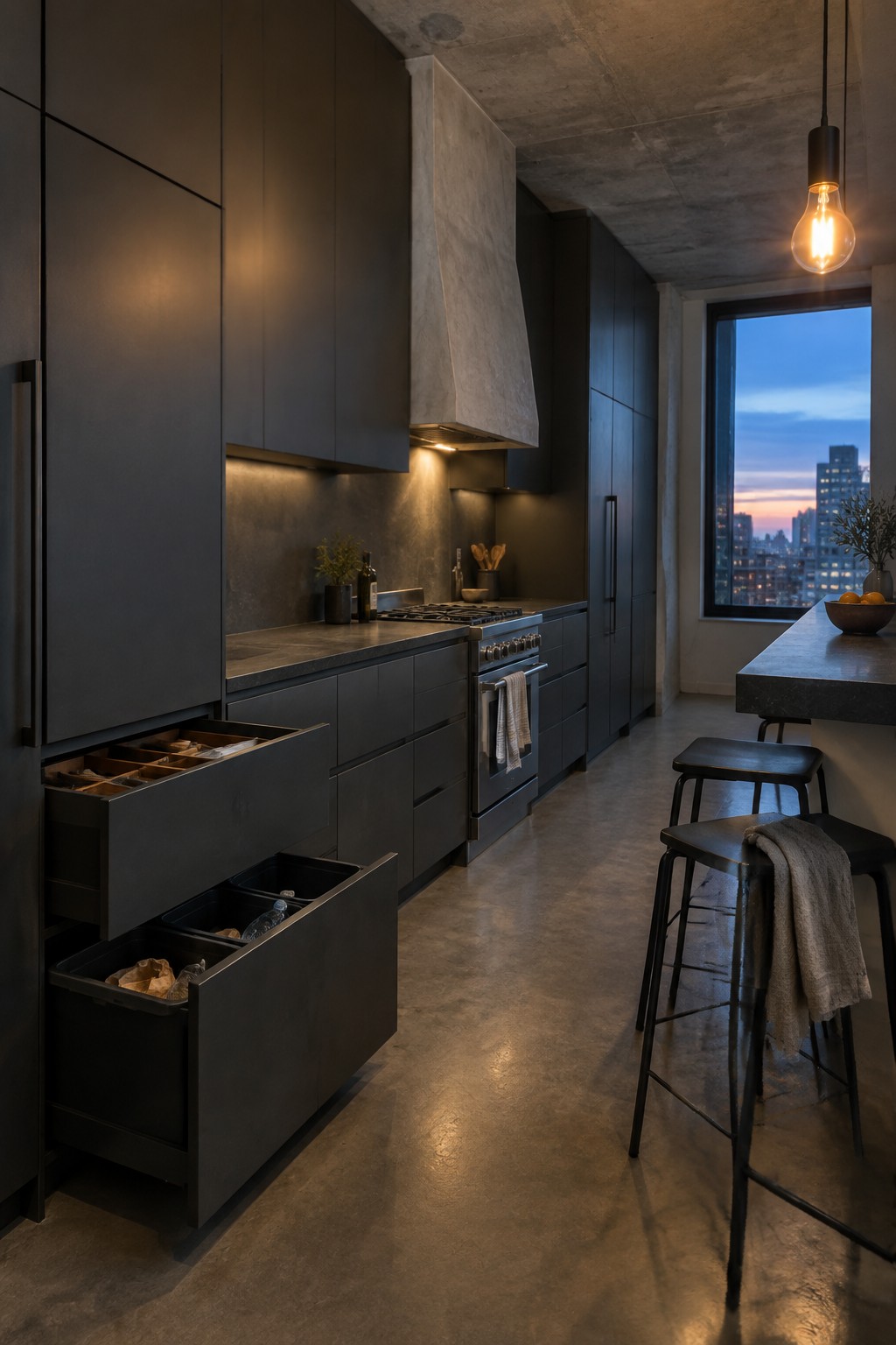 Modern dark kitchen with two open lower drawers showing divided compartments and storage bins, a stainless steel range, concrete range hood, and stools at a counter with a city view window.