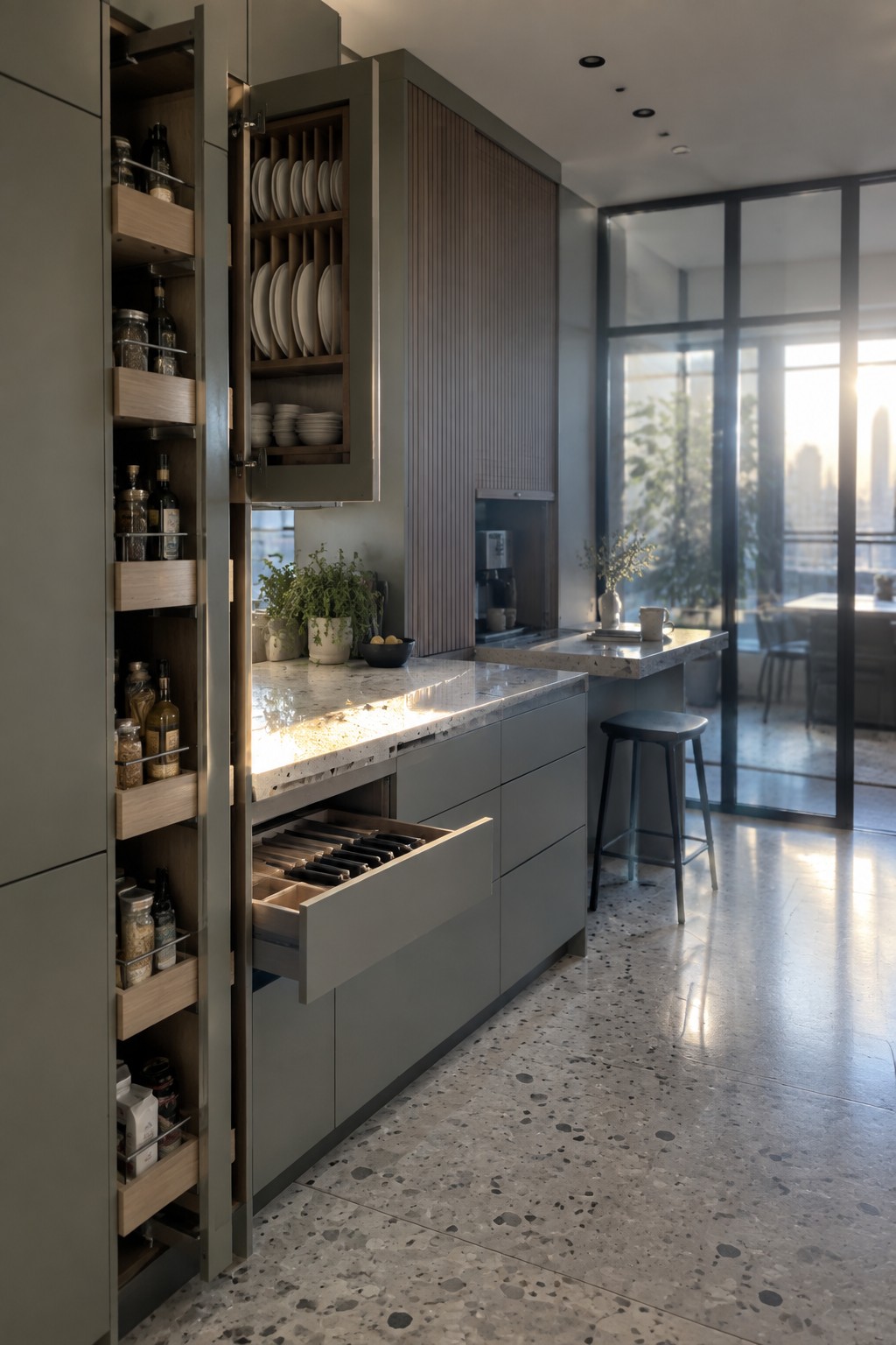 Modern kitchen interior with tall gray cabinets open to reveal multiple pull-out wooden shelves holding bottles, jars, and stacked white plates, plus an open drawer showing organized cutlery on a speckled terrazzo floor.