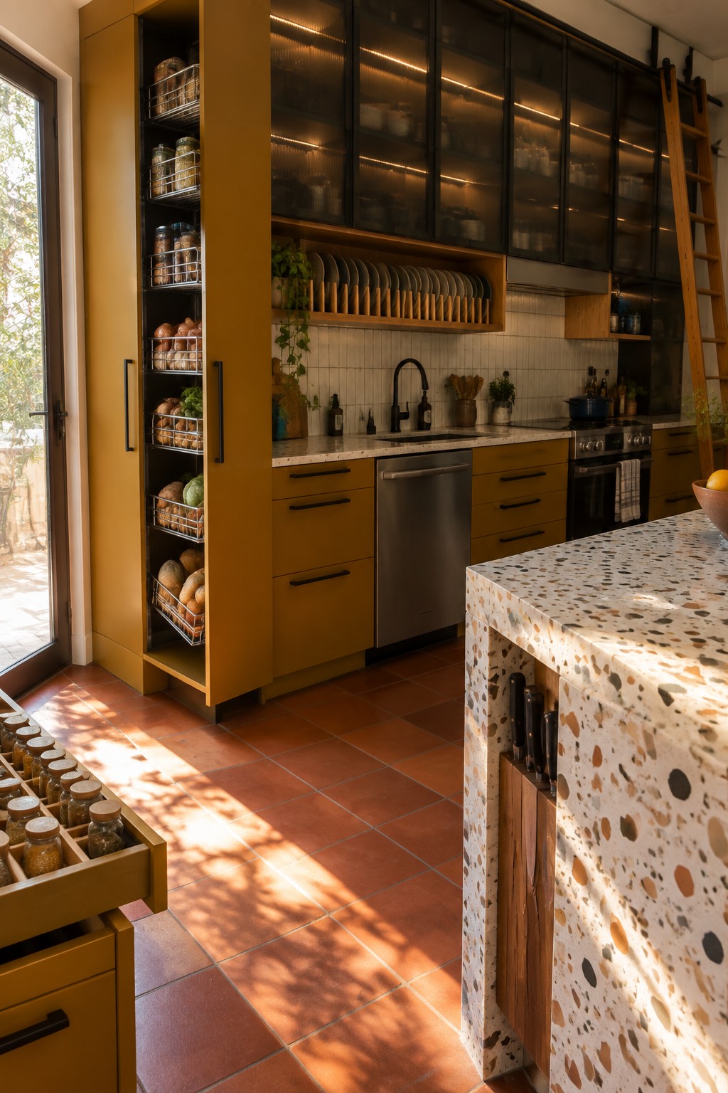 A modern kitchen with a tall mustard-yellow cabinet open to show multiple pull-out wire baskets holding produce, alongside a terrazzo island with a knife block and a foreground spice drawer.