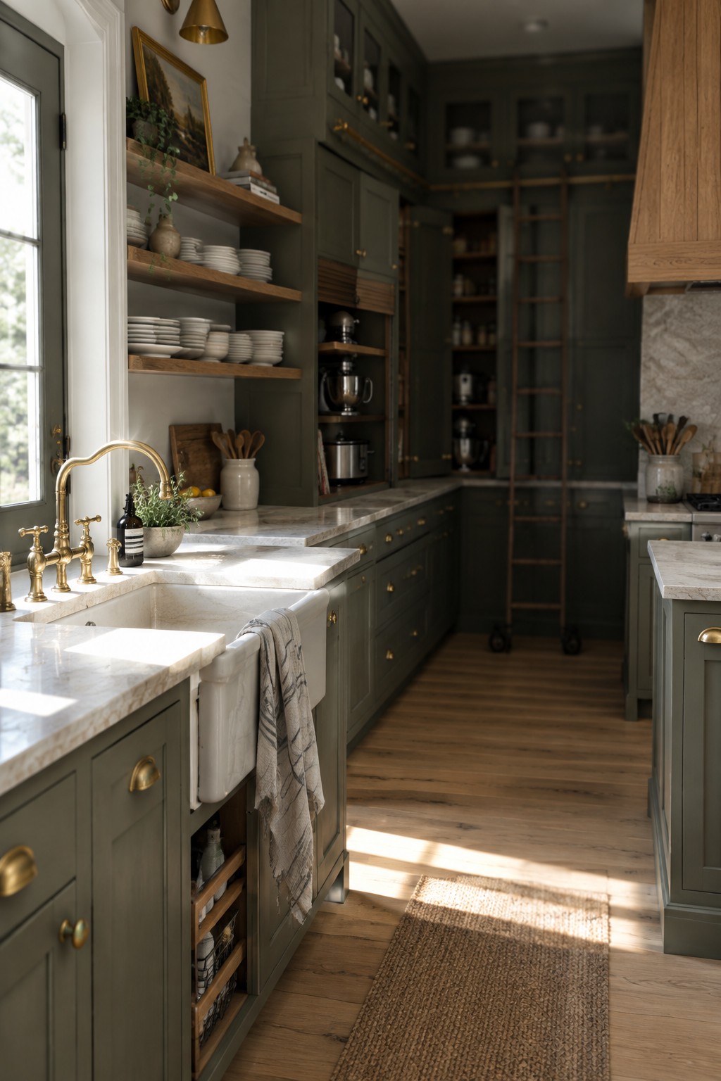 Elegant kitchen with green cabinets, marble counters, farmhouse sink, and rolling ladder