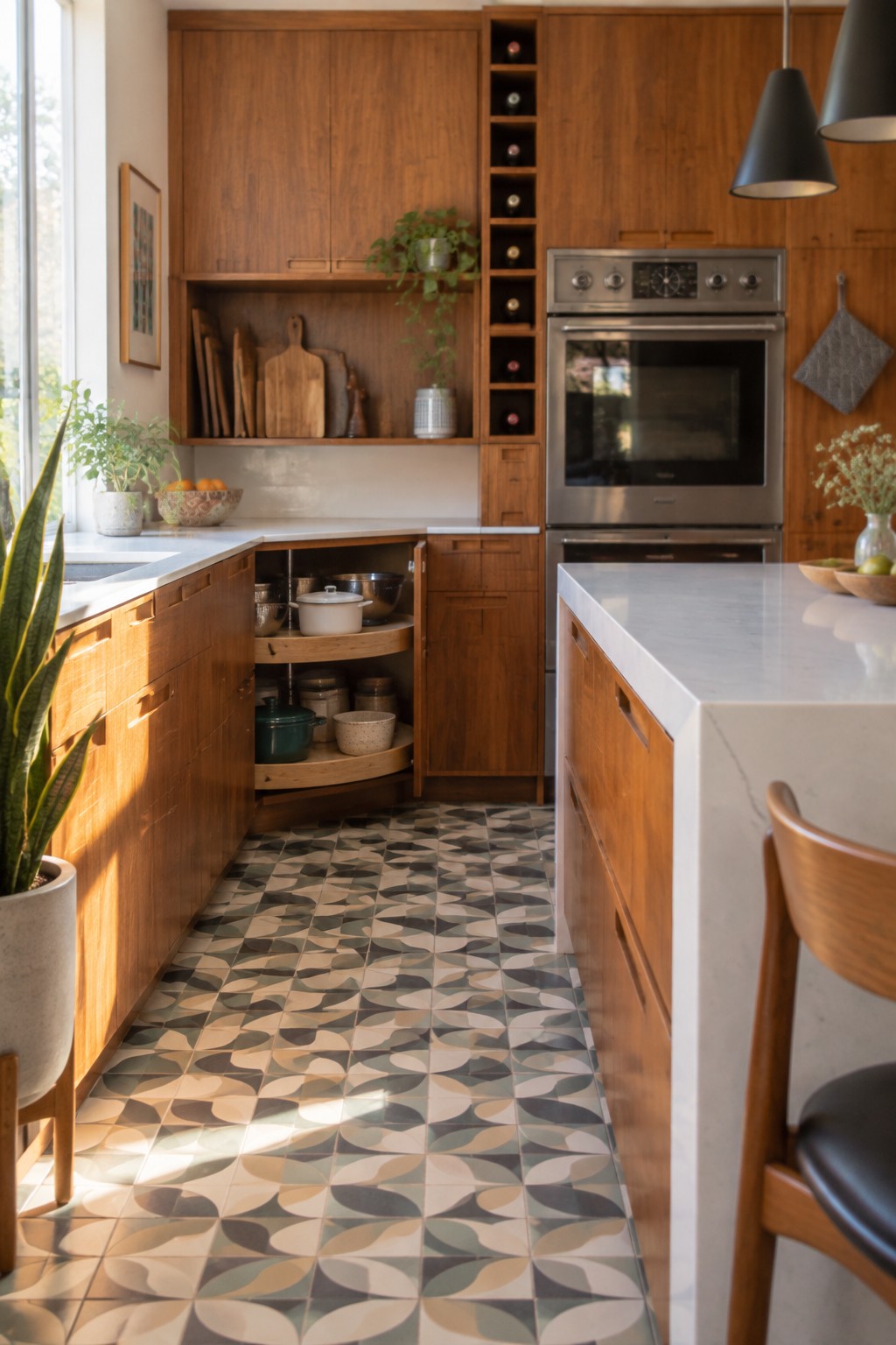 Modern kitchen interior with wooden cabinets, open corner cabinet showing rotating shelves stocked with cookware, stainless steel oven, white countertops, and patterned tile floor.