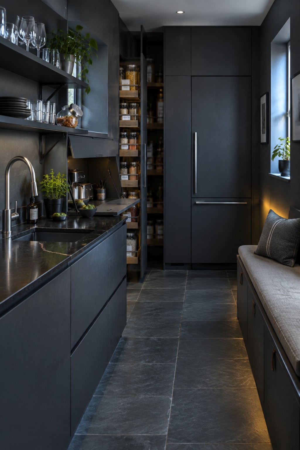 A modern dark kitchen with black cabinetry, a sink on a dark countertop, and a tall open pantry cabinet with multiple pull-out shelves holding glass jars of pantry items.