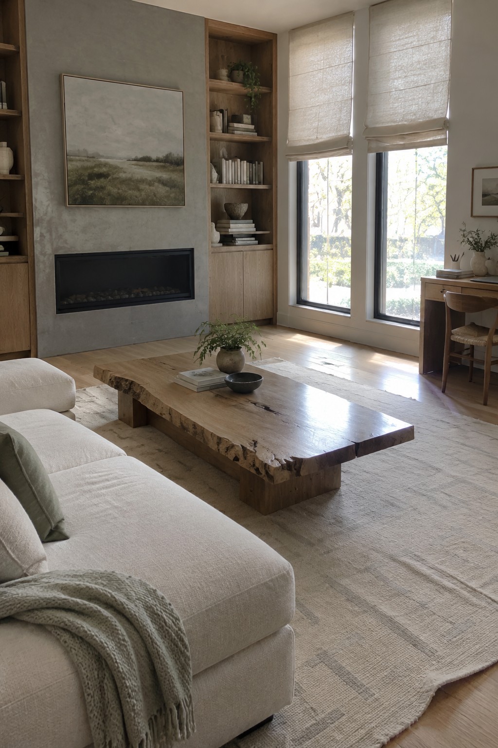 Minimalist living room with cream sectional sofa, live-edge wood table, and built-in fireplace.