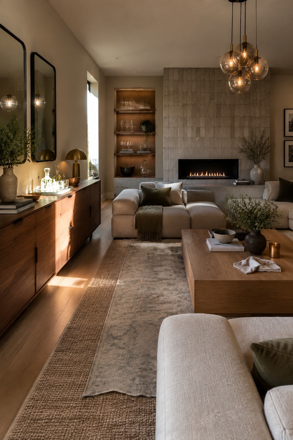 Modern living room with beige sectional sofa, wooden coffee table, and stone fireplace.