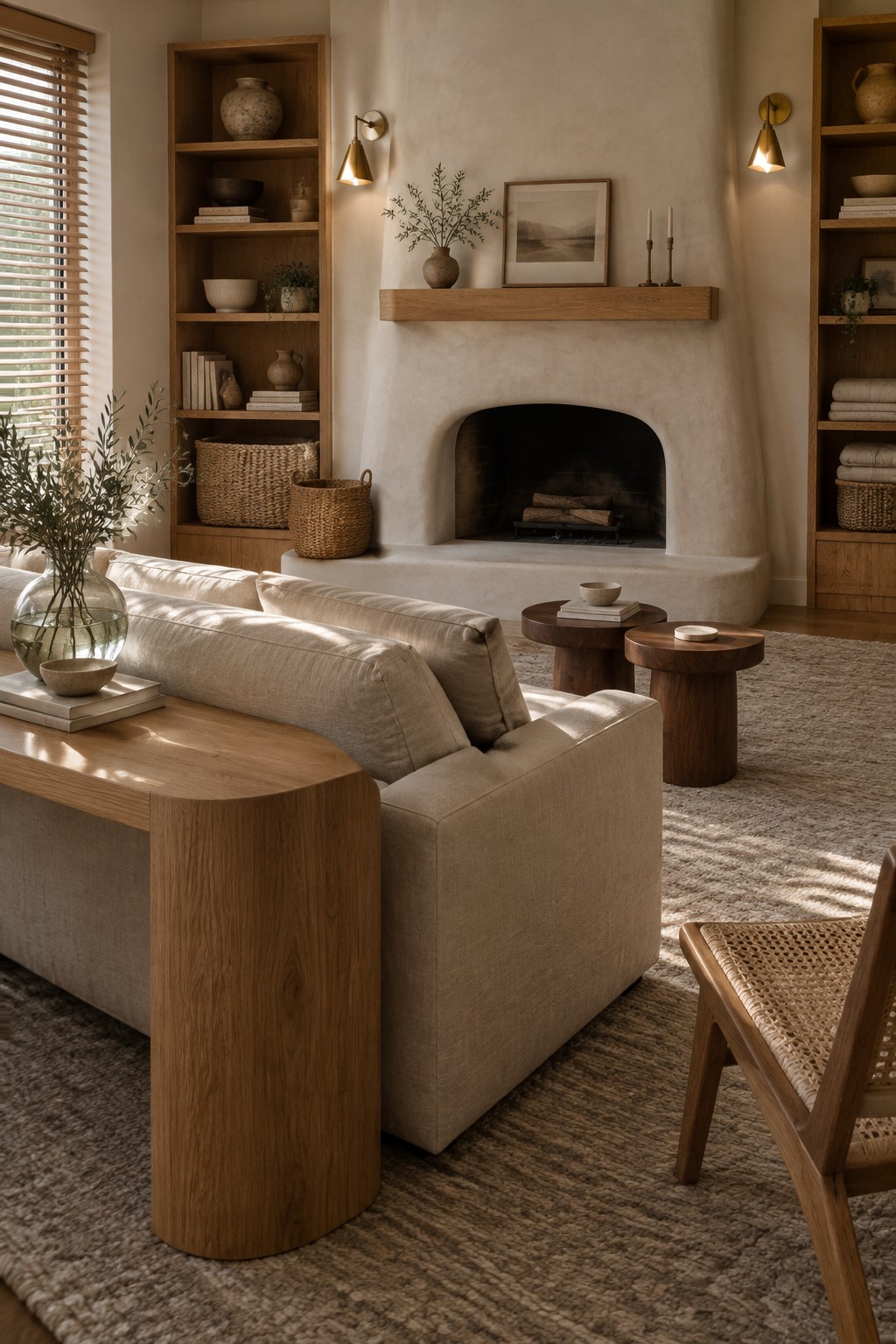Cozy neutral living room with beige sofa, curved fireplace, oak shelves, and woven rug