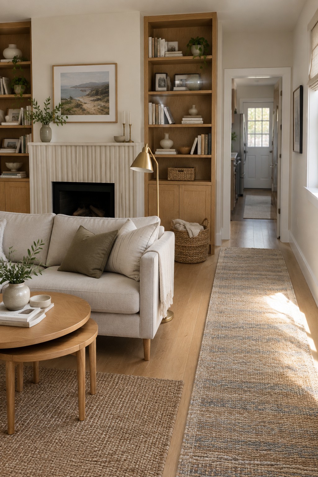 Cozy neutral living room with linen sofa, oak bookshelves, fireplace, brass lamp, and woven rugs.