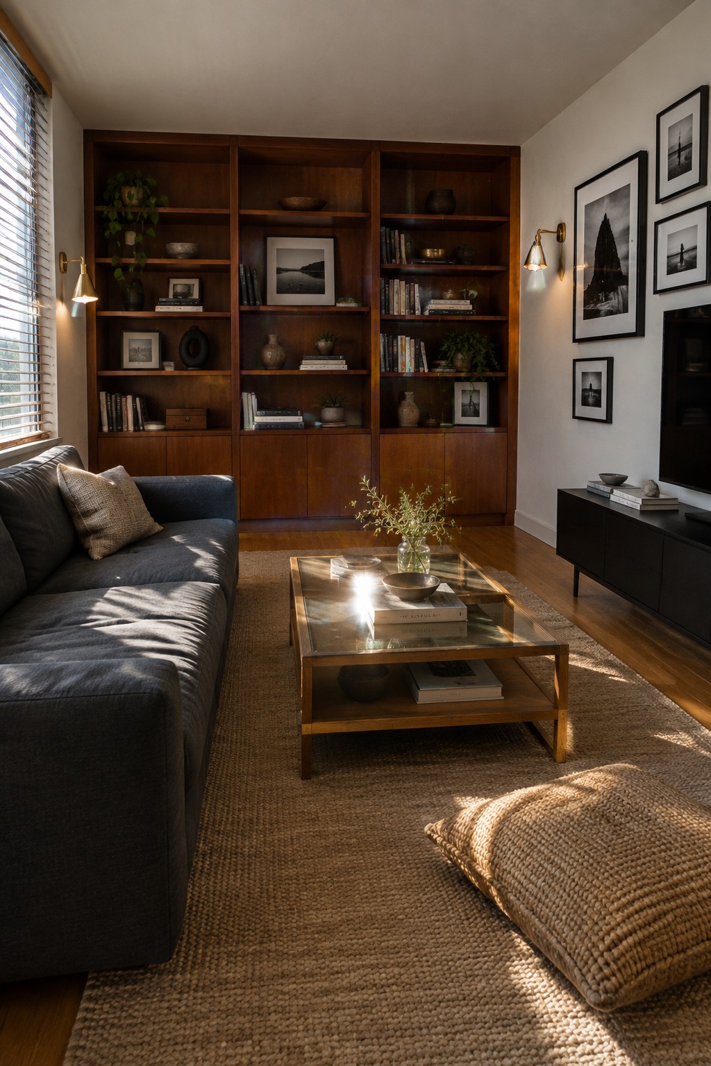 Modern living room with navy sofa, dark wood bookshelves, glass coffee table, and woven rug.