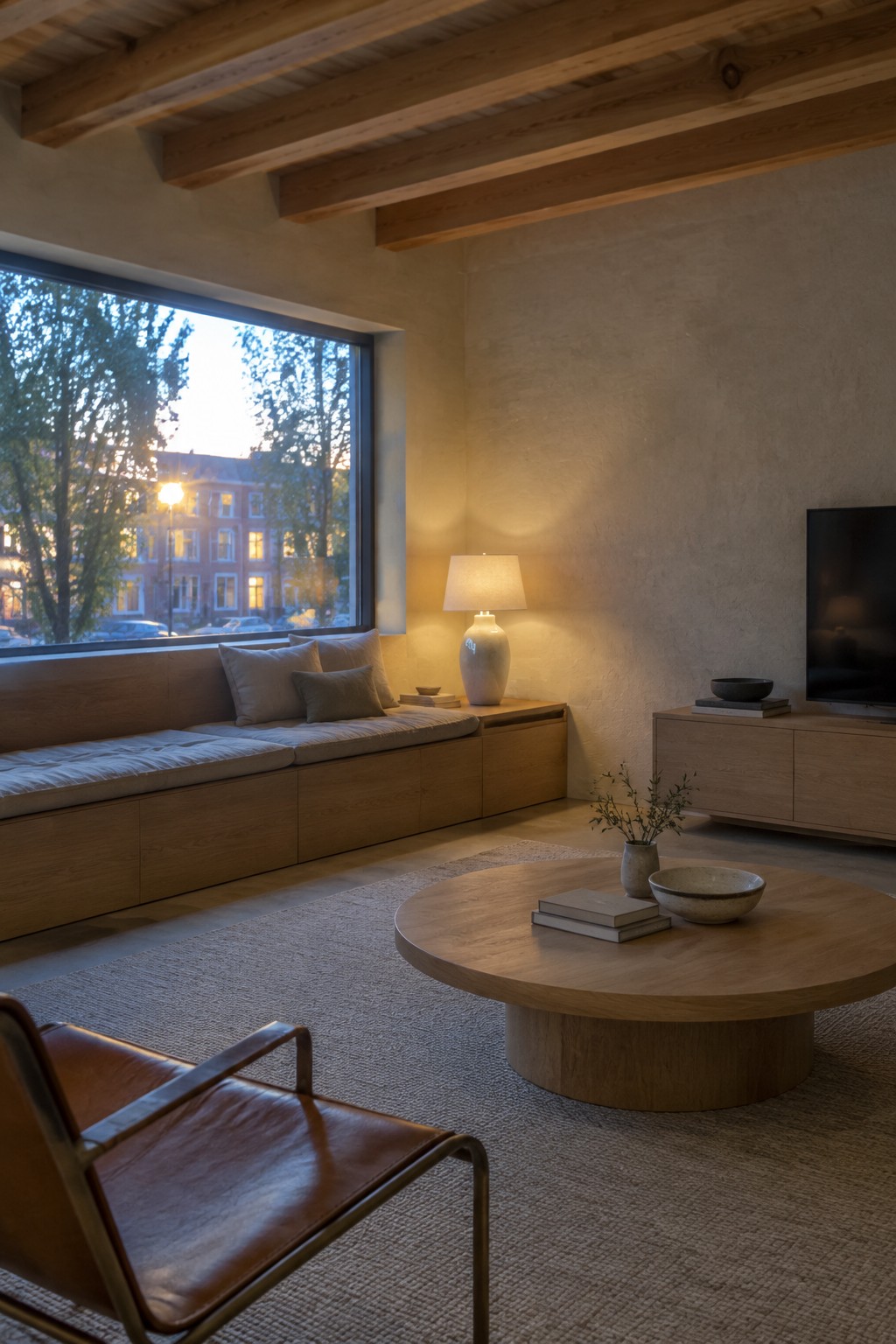 Modern living room with wooden beams, window seat, round coffee table, and leather chair
