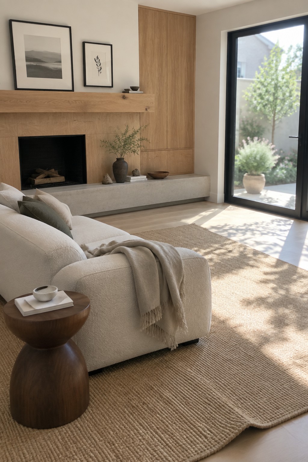 A modern living room with a white sectional sofa, round wooden side table, fireplace with light wood mantel and built-in cabinetry, concrete hearth, jute rug, and large glass doors to the outside.