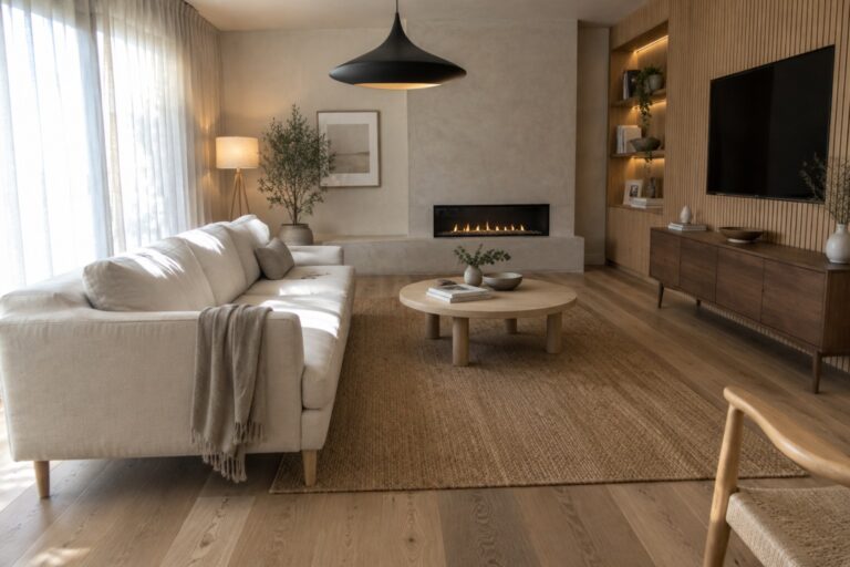 23 Modern Living Room Ideas Centered on Clean Lines and Warm Wood A modern living room with a light beige sofa, round wooden coffee table on a woven rug, and a wall featuring vertical wood slats with built-in shelves, a television, and a fireplace to the right.