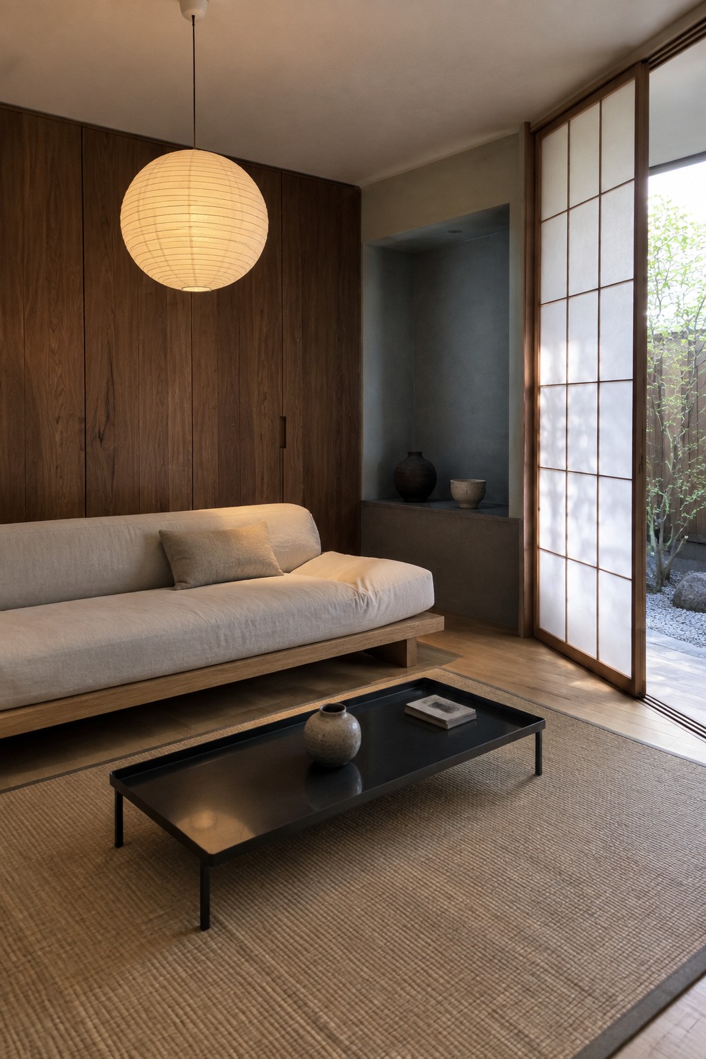 A modern living room with a low light-colored sofa against dark wood paneling, a black coffee table on a large woven rug, and shoji-style sliding doors open to an outdoor garden area.
