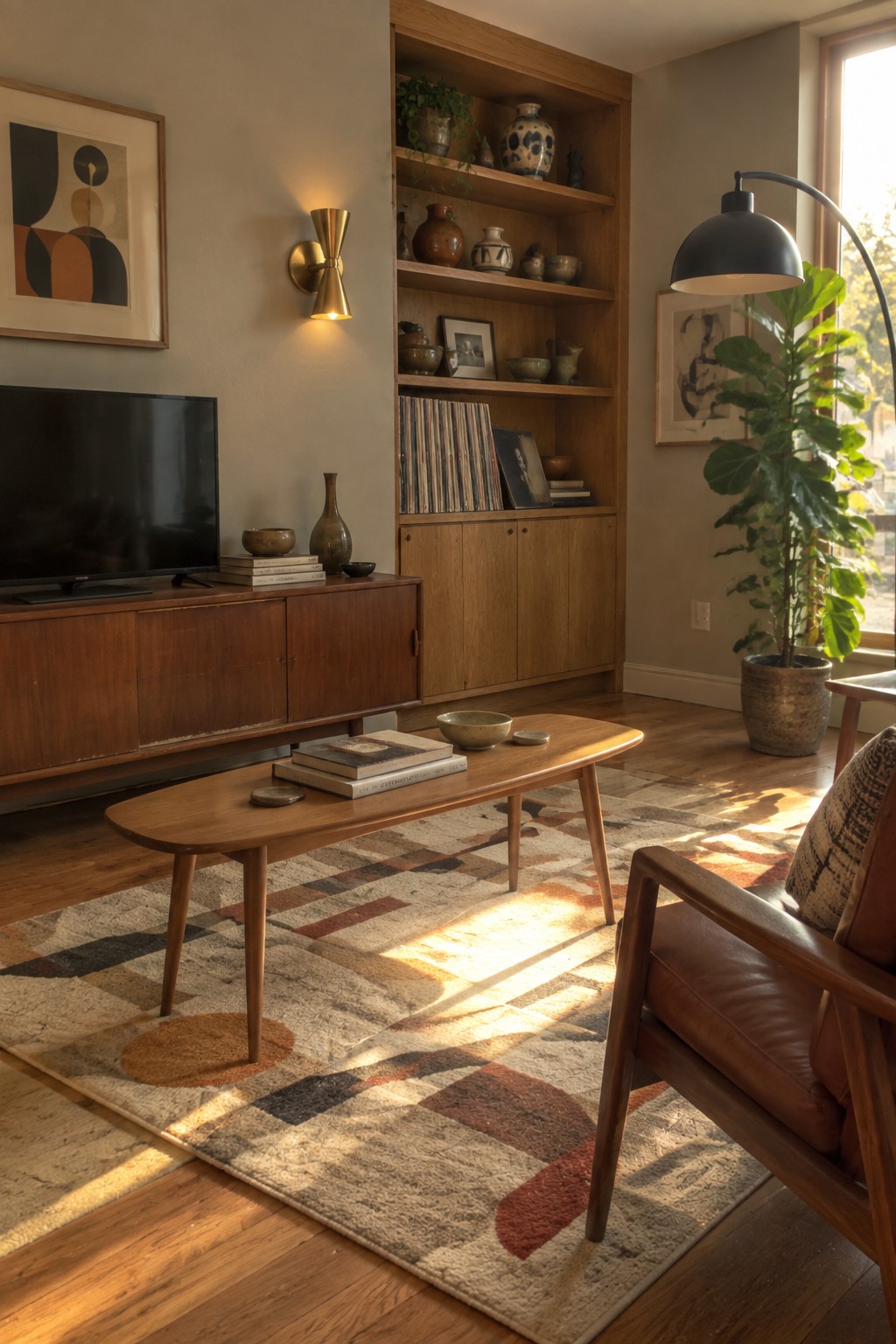 A modern living room with a large wooden built-in shelving unit, a television on a wood console, a coffee table on a patterned rug, and a leather armchair beside a potted plant.