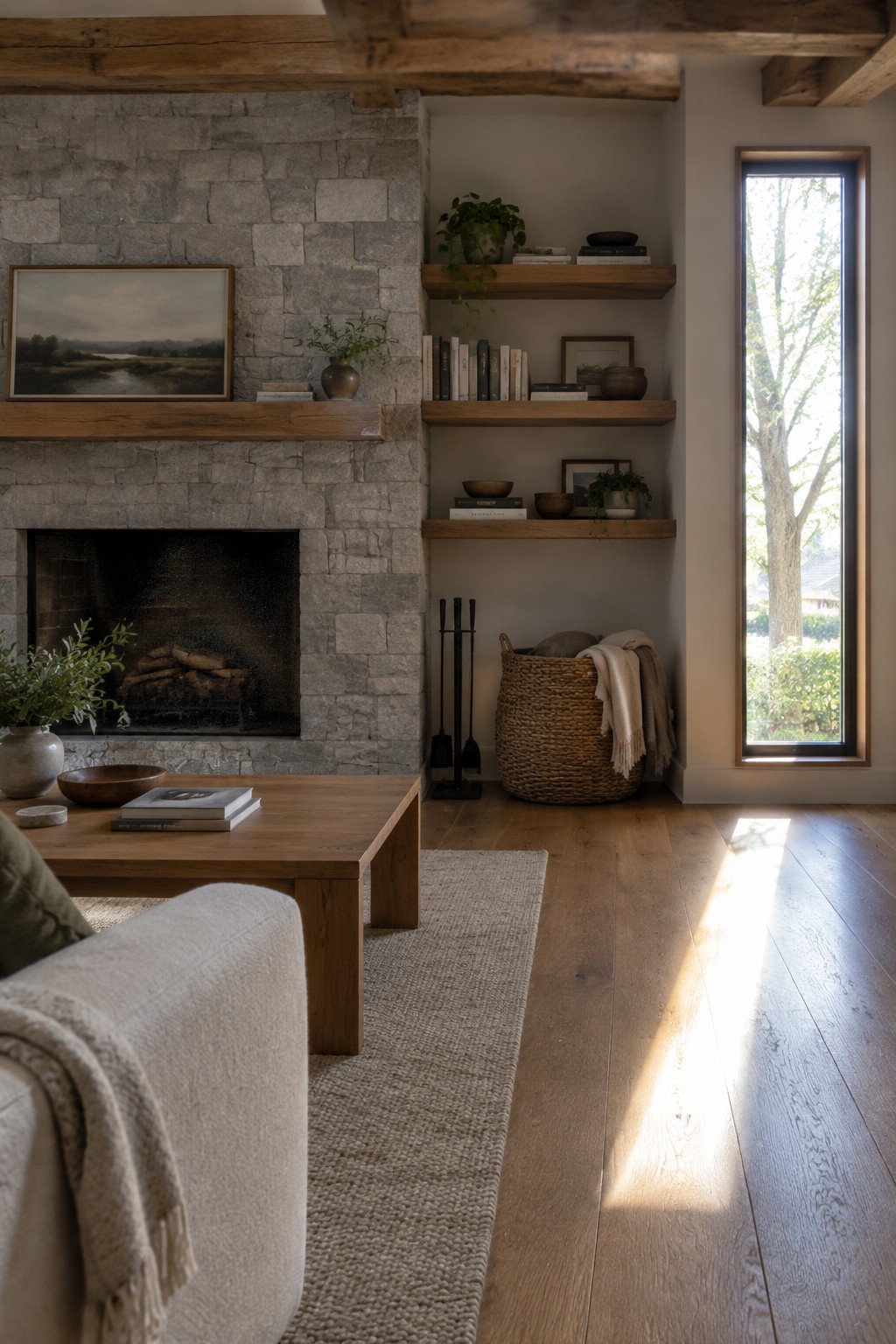 A living room with a large stone fireplace, wooden mantel, floating wooden shelves on the right wall, a wooden coffee table, and a tall window on the right side.