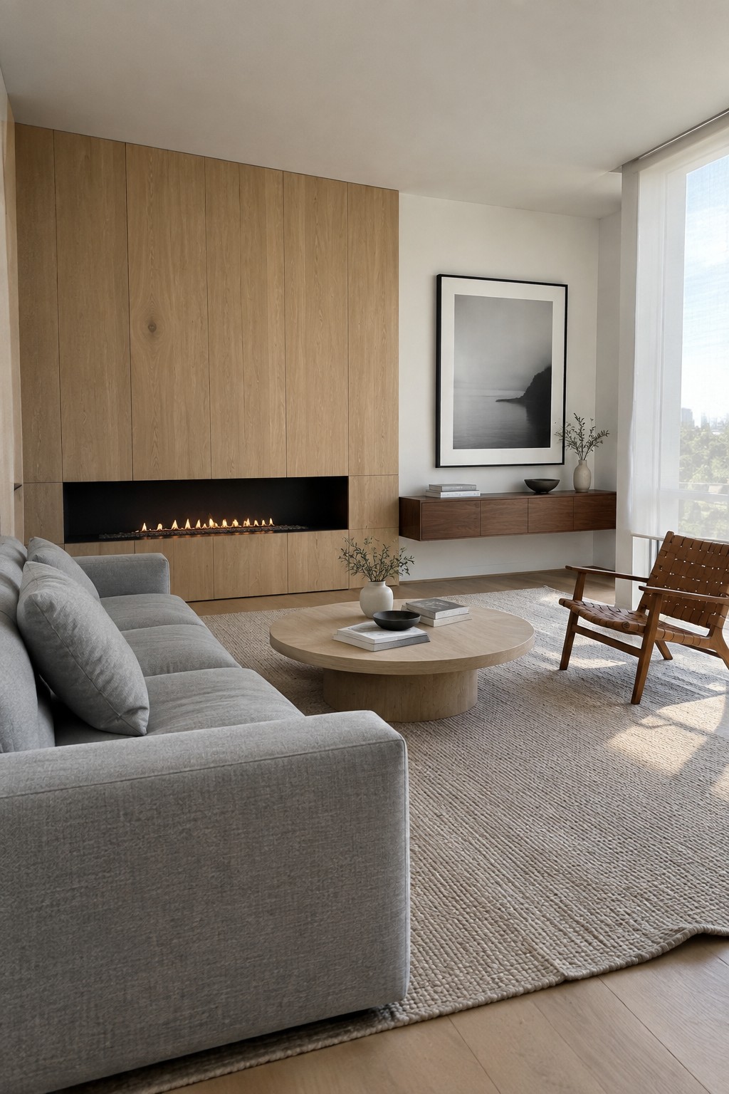 Modern living room with gray sectional sofa, round wooden coffee table, and fireplace