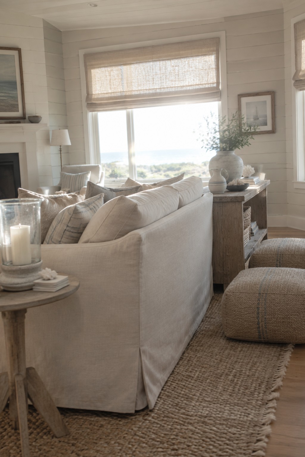 A neutral living room with a large beige slipcovered sofa, jute rug, wooden console table, and woven ottomans near a window with a woven shade.