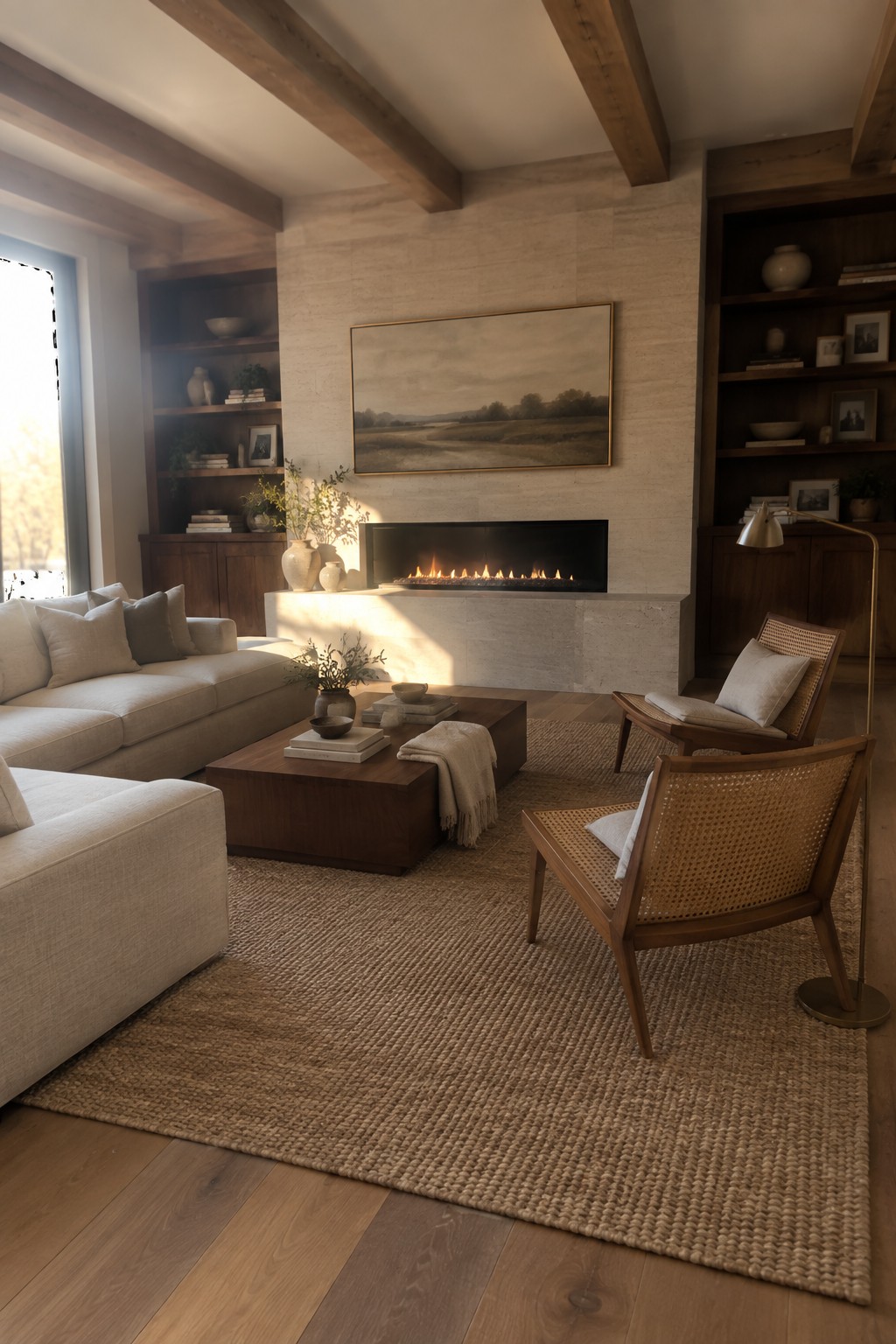 Cozy living room with beige sofa, cane chairs, coffee table, and stone fireplace