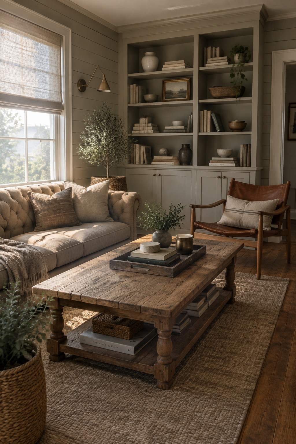 A neutral living room featuring a beige tufted sofa, rustic wooden coffee table, brown leather armchair, and floor-to-ceiling built-in bookshelves and cabinets painted greige.