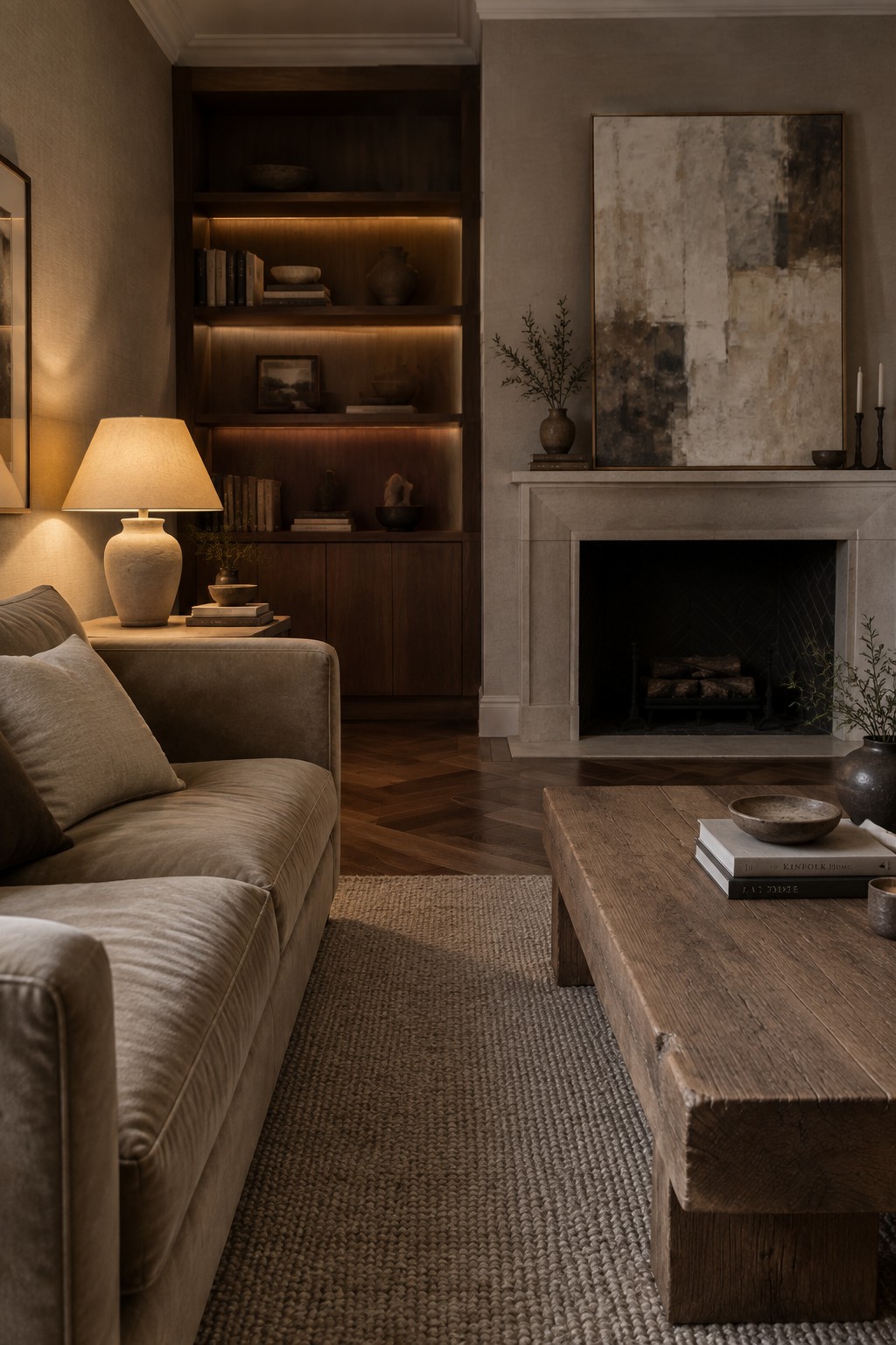 A neutral living room with a beige sofa, wooden coffee table on a woven rug, built-in wooden shelves with integrated lighting, and a stone fireplace with abstract art above it.