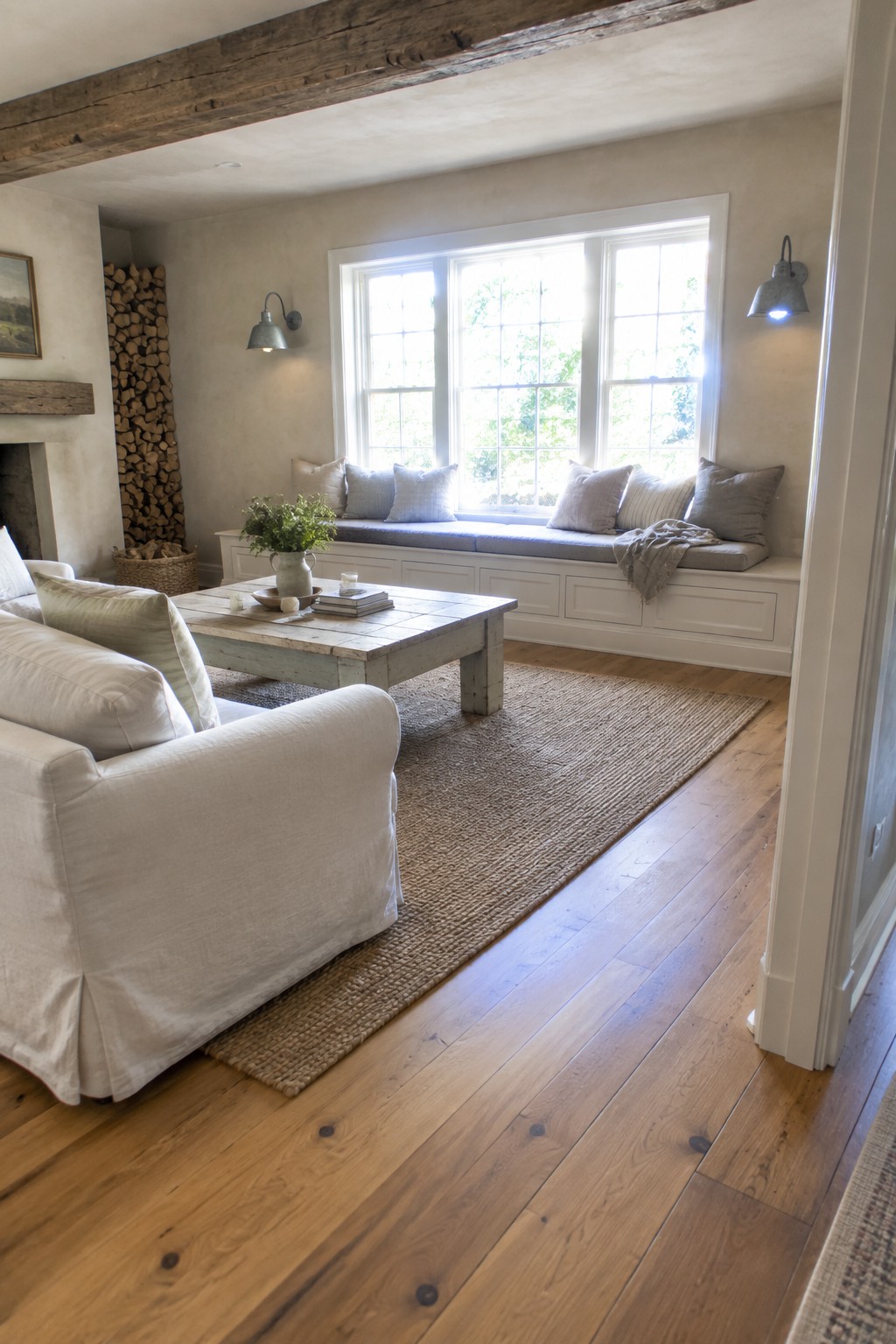 A living room with a white sofa facing a built-in window seat with gray cushions, a wooden coffee table on a jute rug, and hardwood floors.