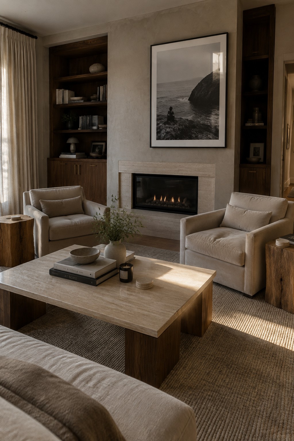 A living room with two beige upholstered armchairs facing a large stone coffee table, flanked by dark wood built-in shelves and a fireplace with a large black and white photograph above it.