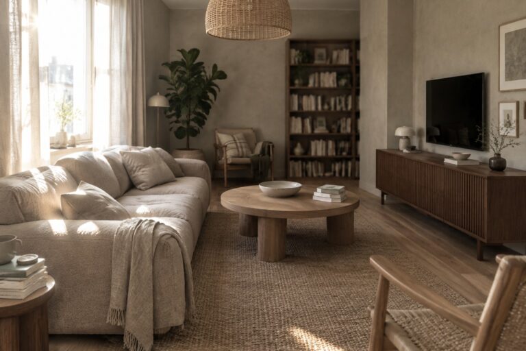 24 Neutral Living Room Ideas in Beige, Greige, and Warm Wood A bright neutral living room featuring a large beige sectional sofa, round wooden coffee table on a jute rug, wooden media console, and a tall wooden bookshelf filled with books.