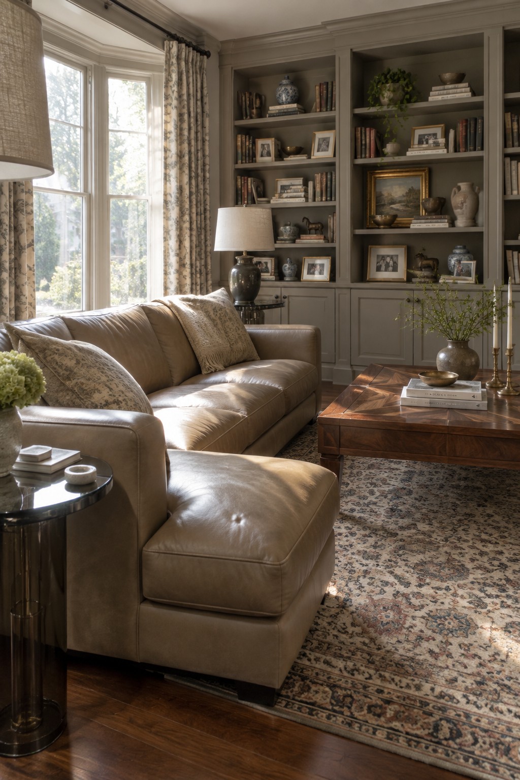 A living room featuring a beige leather sofa and ottoman, built-in greige bookshelves filled with books and decorative objects, a wooden coffee table on a patterned rug, and a bay window with patterned curtains.