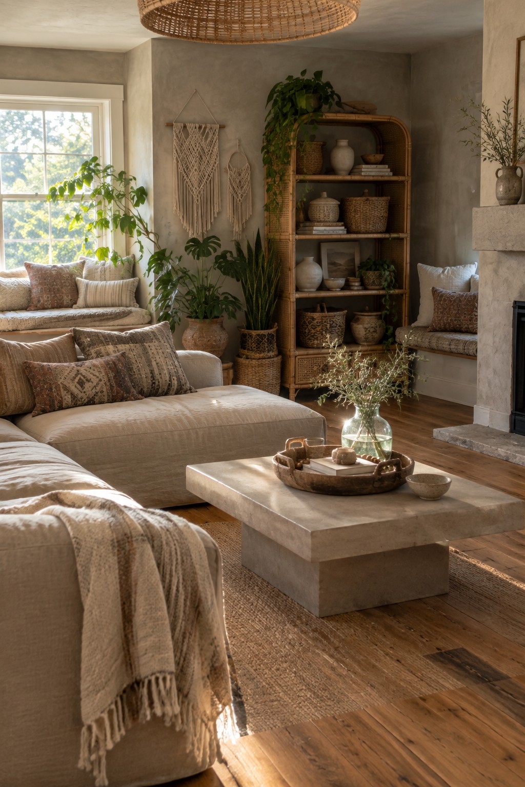 A neutral living room featuring a beige sectional sofa, concrete coffee table with a wooden tray, rattan shelving unit, and multiple houseplants on a wooden floor.