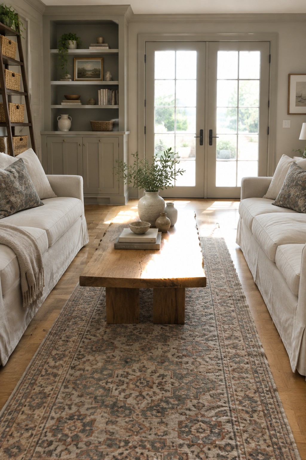 A living room with two cream sofas facing each other over a wooden coffee table on a large patterned rug, with built-in shelves and French doors behind.