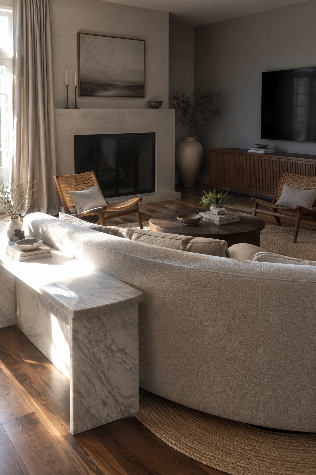 A neutral living room featuring a large curved beige sofa, wooden cane-back chairs, a round dark wood coffee table, a marble console ledge, and a stone fireplace with a painting above it.
