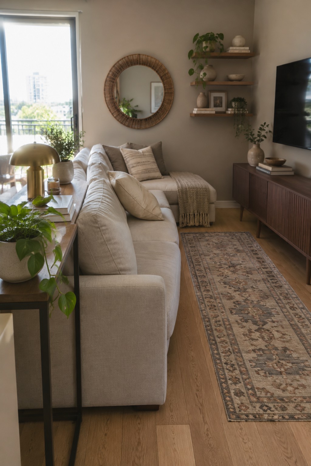 Neutral living room with beige sectional sofa, wooden shelves, console, plants, and patterned rug.