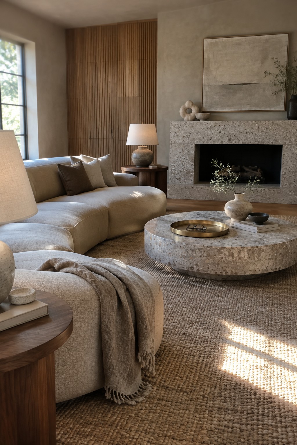 A neutral living room with a large curved beige sofa, a round stone coffee table, a stone fireplace, and a tall vertical wood cabinet against the back wall.