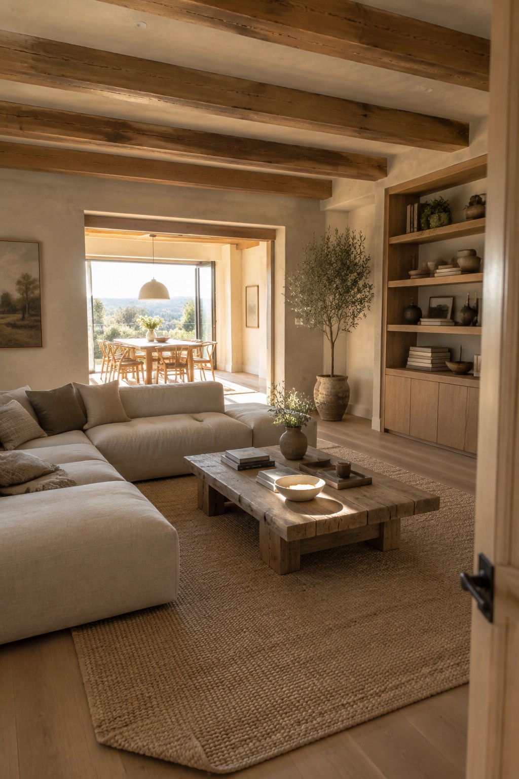 Sunlit rustic living room with beige sectional sofa, wooden coffee table, and woven rug