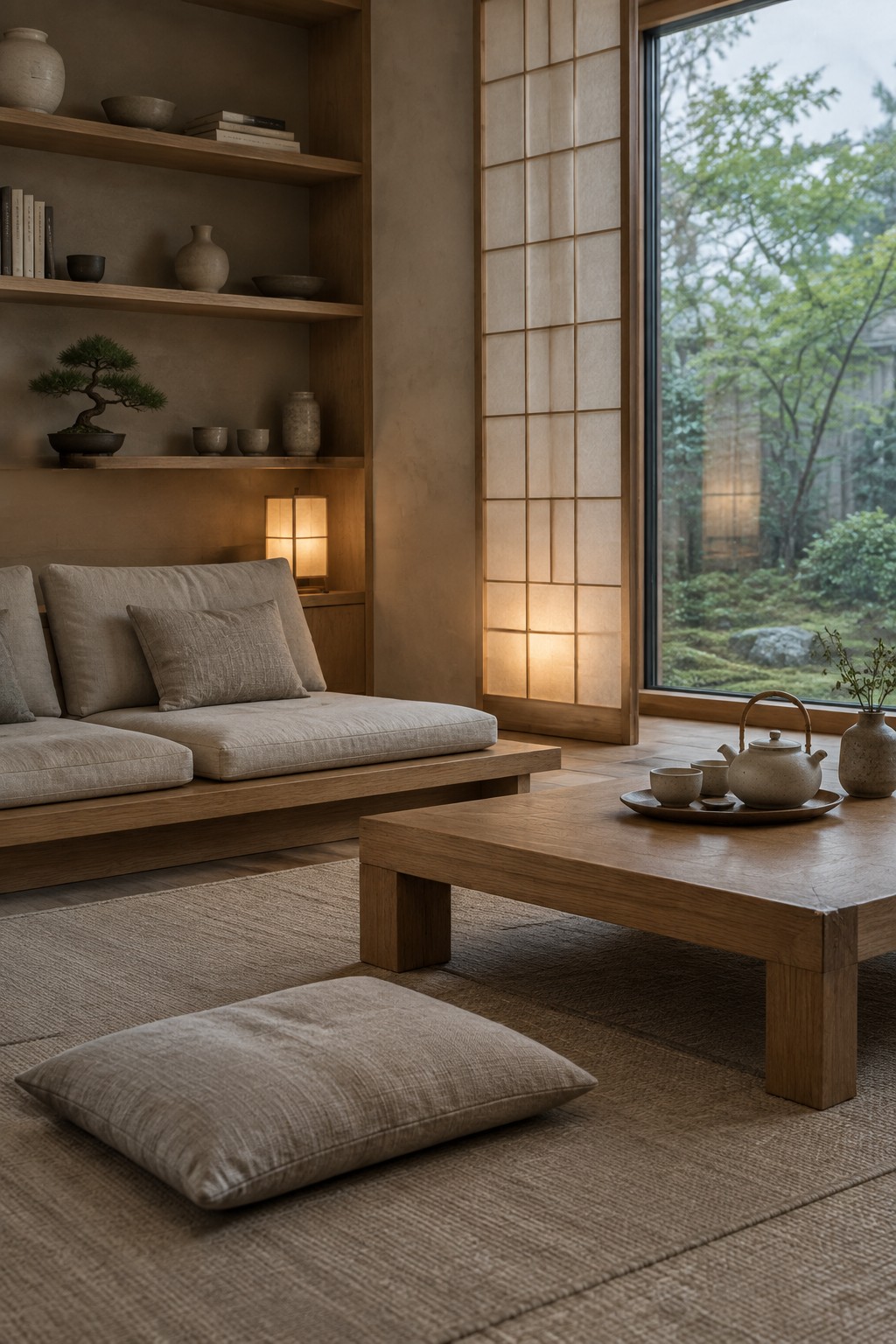 A neutral living room with low wooden seating, built-in wooden shelves displaying books and pottery, a low coffee table with a tea set, shoji screens, and a large window overlooking a garden.