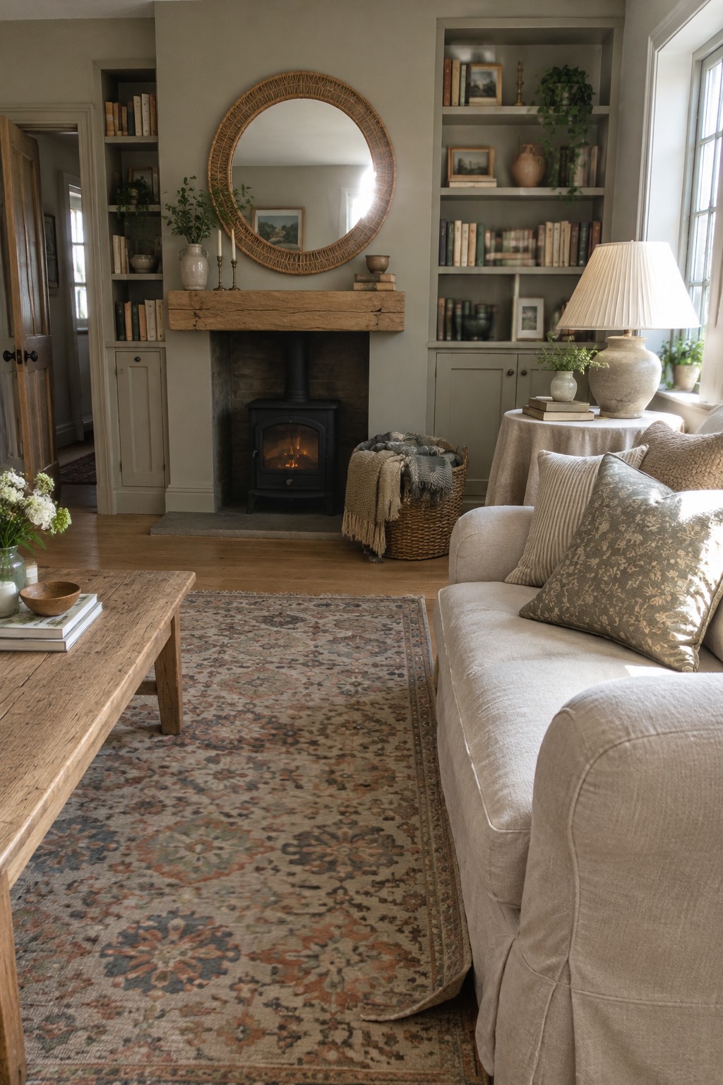 Cozy living room with beige sofa, wooden coffee table on patterned rug, and fireplace.