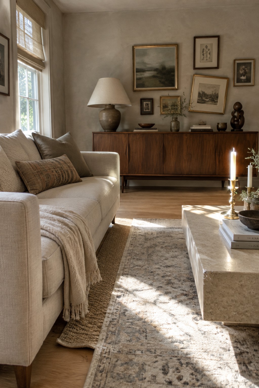 A neutral living room featuring a beige sofa, wooden sideboard, stone coffee table, layered rugs, and a gallery wall with framed art.