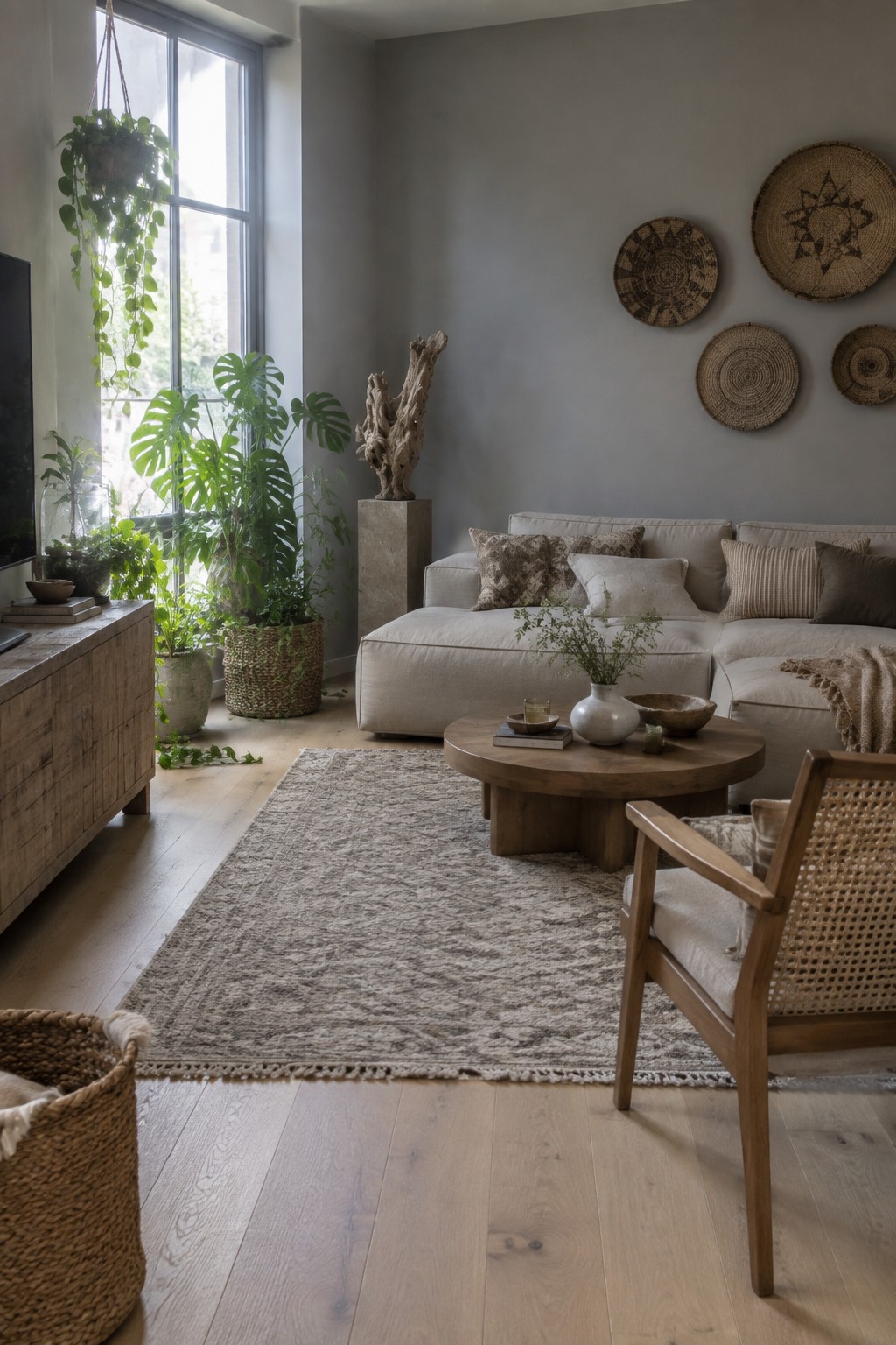 A neutral living room with a light sectional sofa, round wooden coffee table on a patterned rug, wooden accent chair with woven back, and houseplants near a large window.