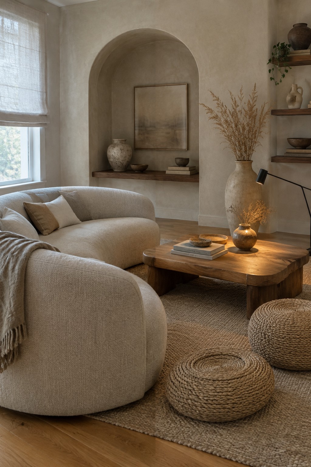 A neutral living room featuring a curved beige sofa, wooden coffee table, woven poufs on a jute rug, and an arched niche with pottery and art.