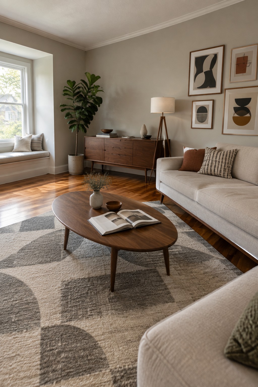 A neutral living room featuring a beige sofa, oval wooden coffee table on a patterned rug, wooden sideboard against the wall, and framed abstract art above it.