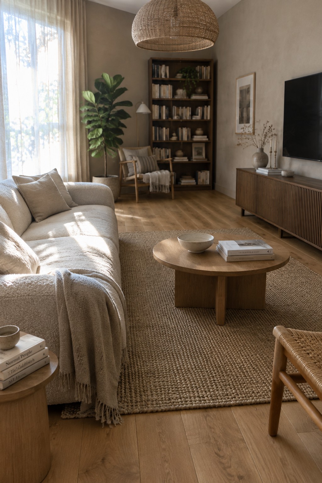 A bright neutral living room featuring a large beige sectional sofa, round wooden coffee table on a jute rug, wooden media console, and a tall wooden bookshelf filled with books.