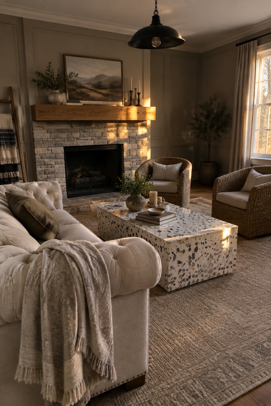 A neutral living room featuring a stone fireplace with a thick wooden mantel, a white tufted sofa, a terrazzo coffee table, and woven armchairs arranged on a large area rug.