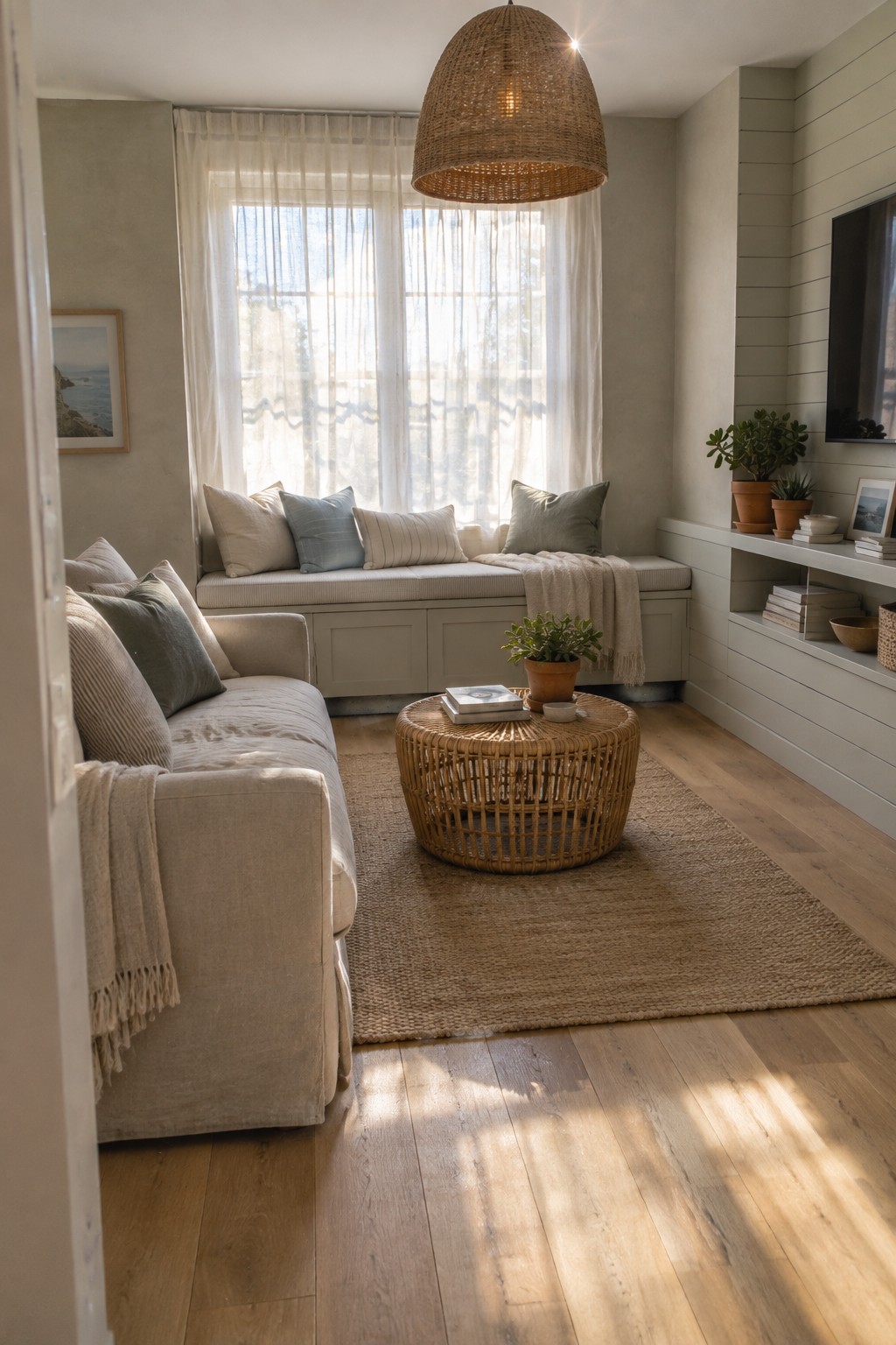A living room with a beige sofa, built-in window seat with neutral pillows, round rattan coffee table on a woven rug, and light wood flooring.