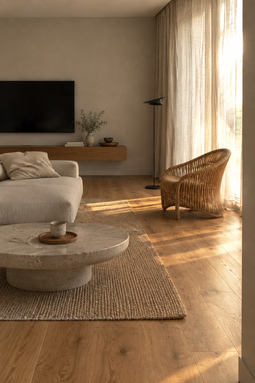 Minimalist living room with beige sofa, round stone table, and wicker chair in sunlight.