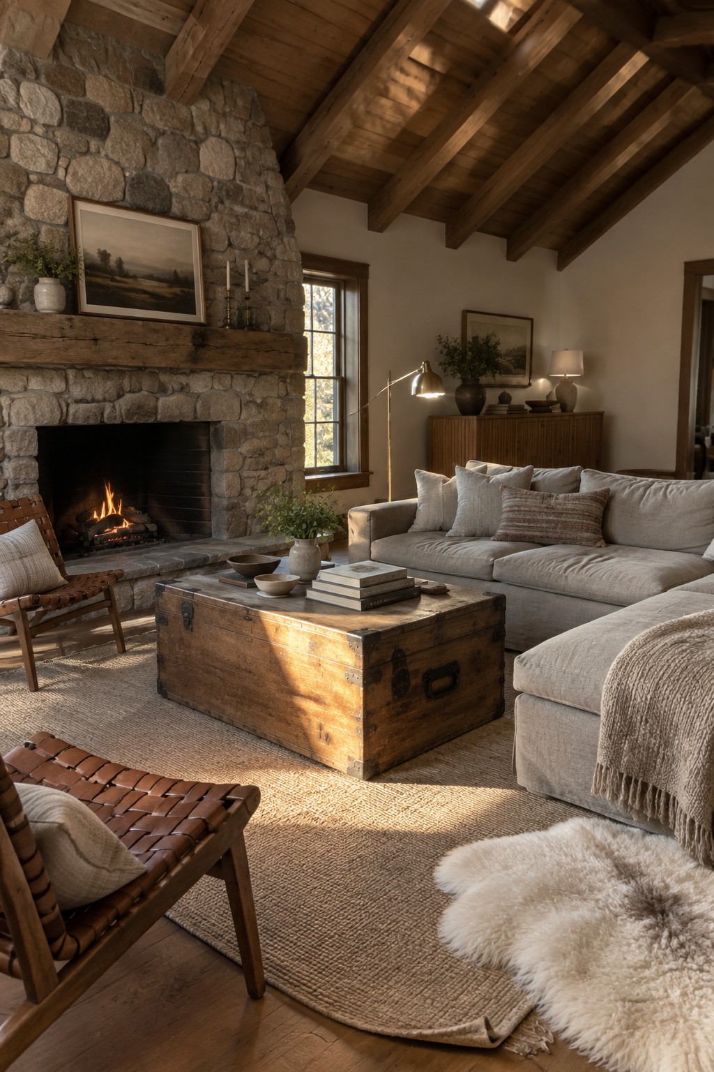 A living room with a stone fireplace, beige sectional sofa, wooden trunk coffee table, woven leather chairs, and exposed wood ceiling beams.