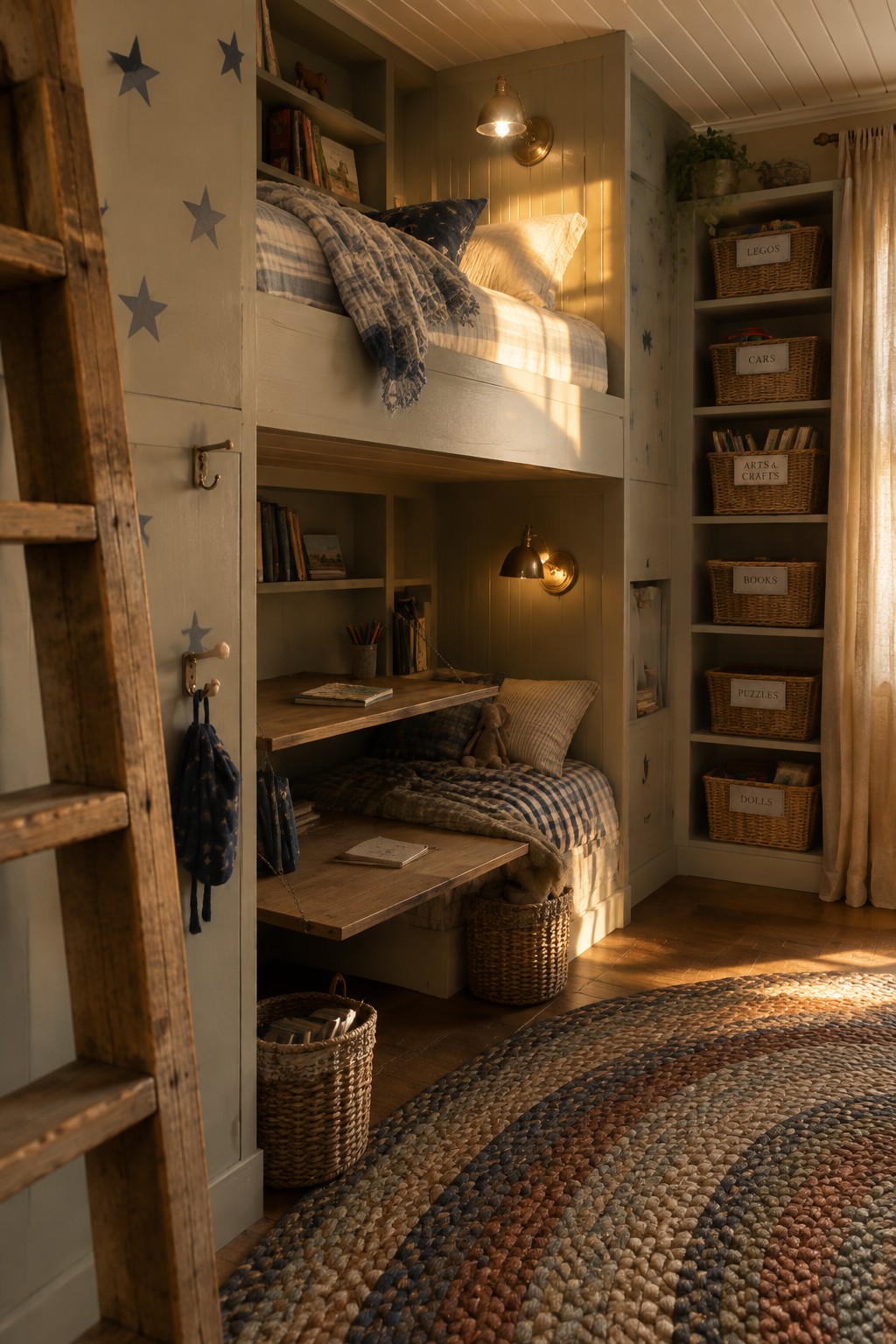 A kids bedroom with a white loft bunk bed, wooden pull-out desk underneath, built-in shelves, and labeled wicker storage baskets along the wall.