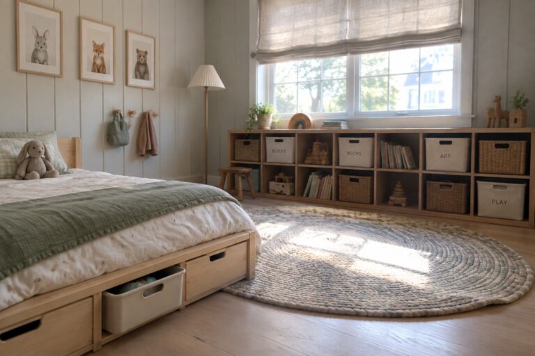A child's bedroom with a low wooden bed that has under-bed storage drawers, a large round braided rug, and a long window bench with cubby storage filled with baskets and books.