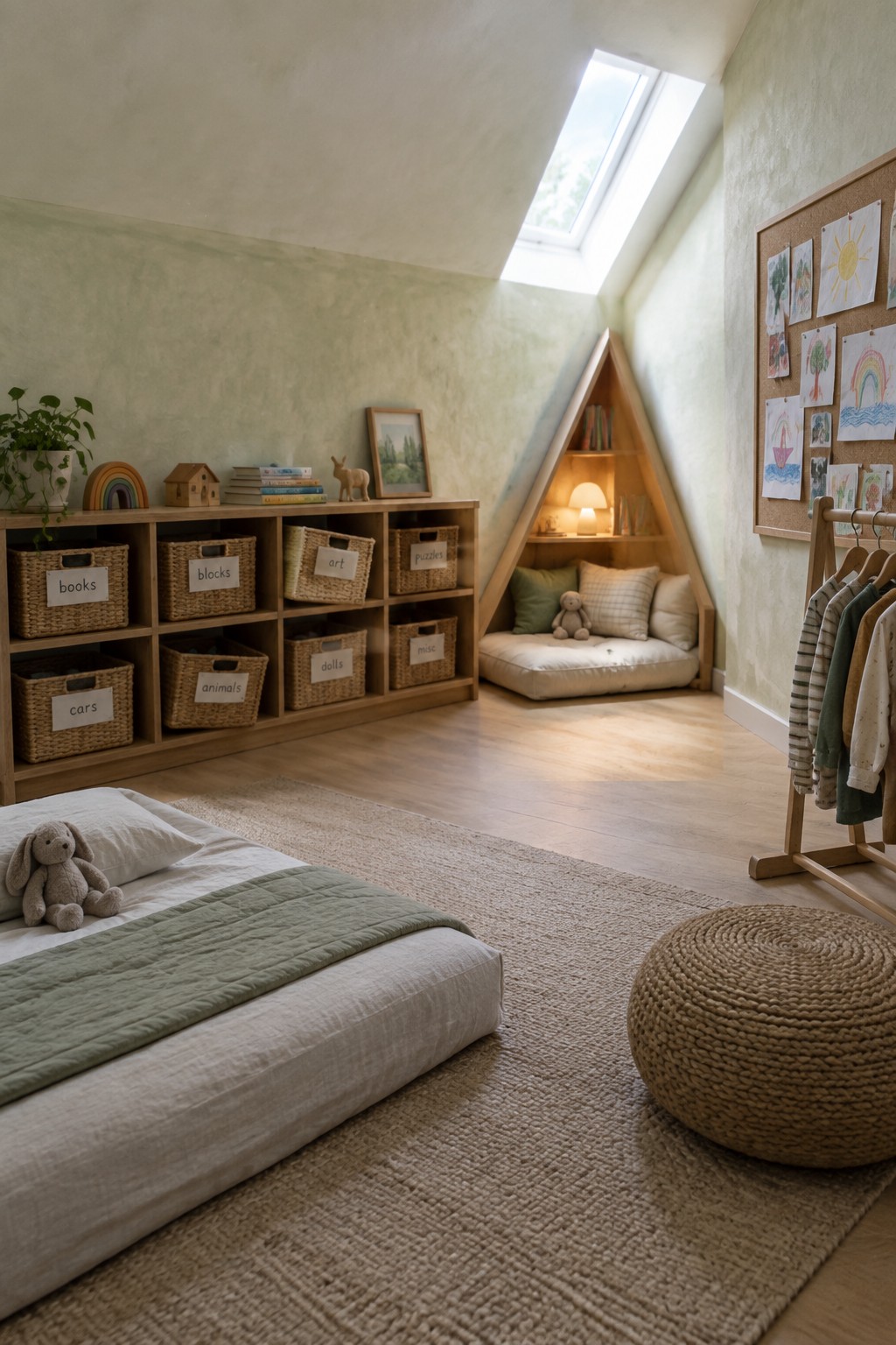 A child's bedroom with low wooden shelving holding labeled wicker baskets, a bed in the foreground, and a triangular built-in reading nook with cushions under a skylight.