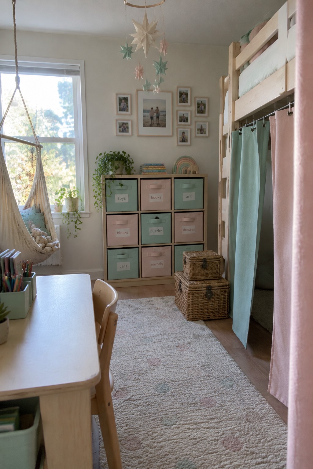 A children's bedroom with a low wooden storage unit holding eight pastel labeled bins, a wooden bunk bed with fabric curtains, a small desk with chair, and a hanging chair near the window.