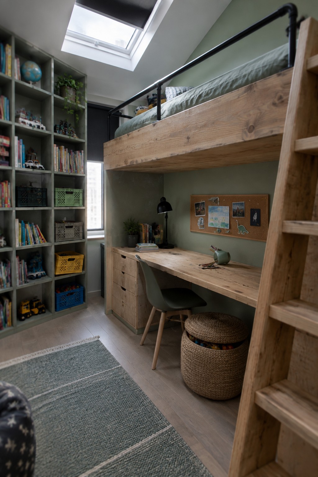 A wooden loft bed sits above a desk and chair in a child's bedroom with green built-in shelves holding books and storage crates.