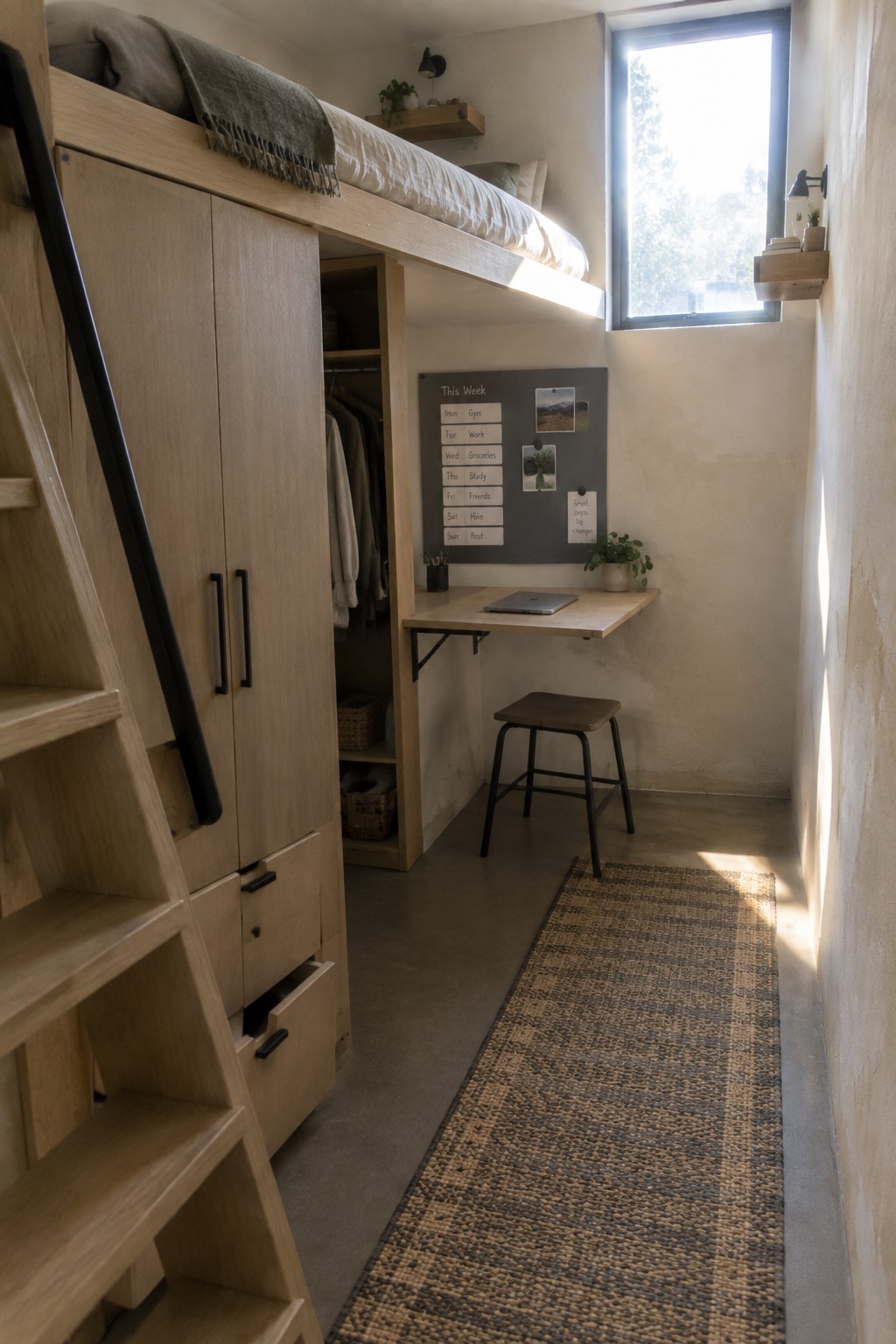 A compact bedroom featuring a wooden loft bed above an open closet and built-in storage, with a wall-mounted fold-down desk, stool, and woven runner on a concrete floor.