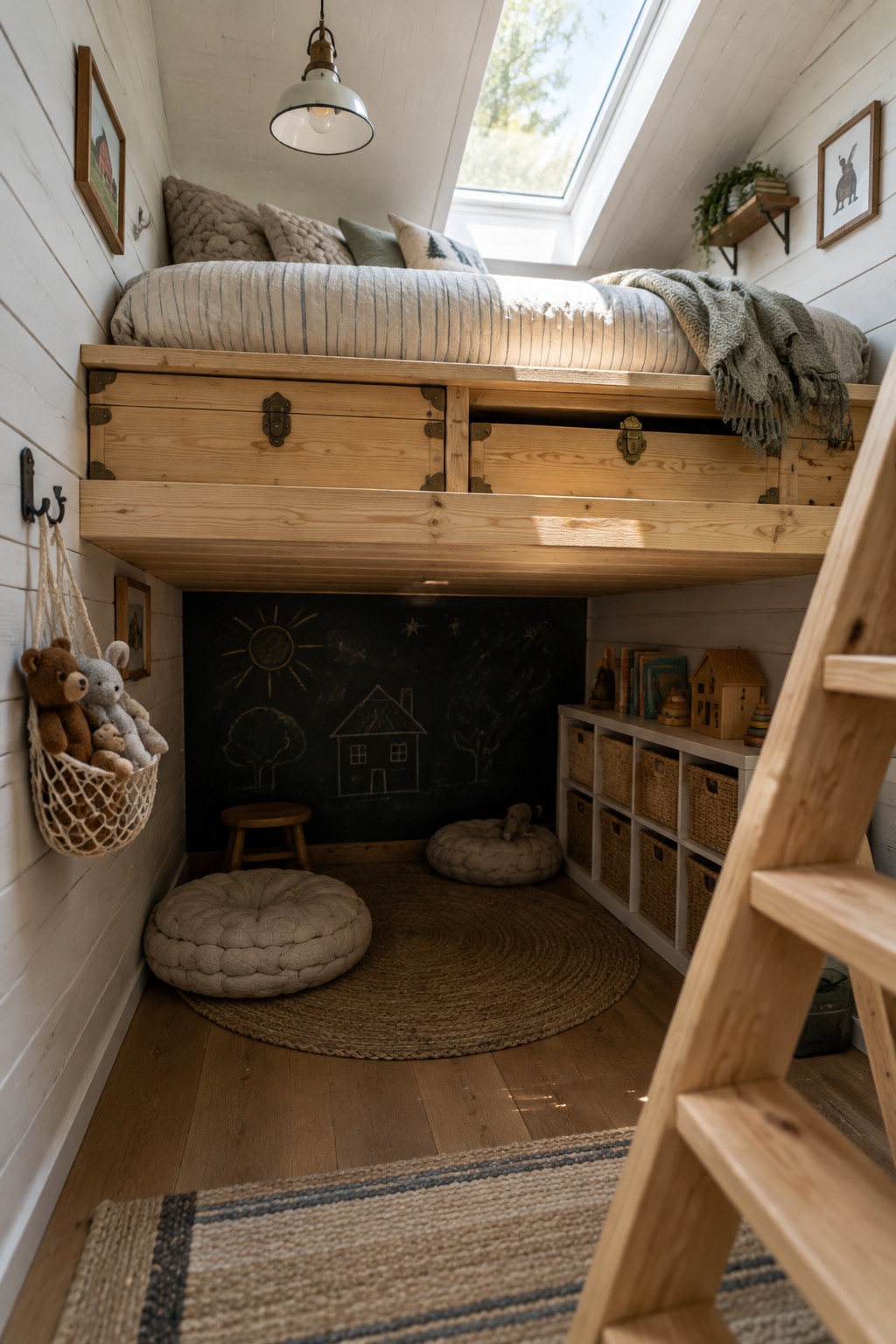 Cozy wooden loft bed above chalkboard wall with stuffed animals, round rug and storage cubbies